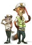 anthro arm_tuft canid canine clothed clothing dipstick_ears disney duo elbow_tufts female fox gesture gloves_(marking) green_eyes hand_on_hip hat headgear headwear hi_res holding_object inner_ear_fluff jh_stonehouse judy_hopps lagomorph leporid male mammal markings military multicolored_ears navy nick_wilde purple_eyes rabbit salute smile topwear tuft uniform vest zootopia 