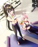  2girls ahoge black_hair blue_archive breasts cleavage collarbone commentary_request gym_uniform hair_ornament highres hoshino_(blue_archive) long_hair mamyommi medium_breasts midriff multiple_girls navel one_eye_closed pink_hair ponytail purple_eyes sitting sumire_(blue_archive) 