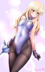  1girl bangs black_legwear blonde_hair blunt_bangs blush breasts covered_nipples glasses gloves kamogawa_tanuki leotard long_hair looking_at_viewer pantyhose perrine_h_clostermann rapier shiny shiny_clothes shiny_hair shiny_skin skin_tight small_breasts solo standing strike_witches sword thighband_pantyhose weapon white_leotard world_witches_series yellow_eyes 