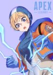  1girl apex_legends bangs blonde_hair blue_bodysuit blue_gloves blue_headwear blush bodysuit copyright_name covered_navel electricity eyebrows_behind_hair gloves highres hood hooded_jacket jacket logo lox_(orchis_lox) open_hands open_mouth orange_jacket purple_background ribbed_bodysuit solo upper_body wattson_(apex_legends) white_bodysuit 