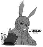  1girl amiya_(arknights) animal_ears arknights bangs bunny_ears cheogtanbyeong cropped_torso dandelion_(girls_frontline) english_text girls_frontline gloves greyscale hair_between_eyes highres jewelry long_hair long_sleeves monochrome partially_fingerless_gloves pov pov_hands ring solo_focus white_background 