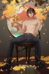  1boy abs absurdres bangs bare_pecs black_hair black_legwear blurry brown_hair chair copyright_name earrings eyeliner floating floating_object genshin_impact ginkgo_leaf gradient_hair hair_between_eyes highres jewelry long_hair long_pants looking_at_viewer makeup male_focus multicolored_hair navel nipples no_shirt open_mouth orange_hair pants pectorals ponytail shirtless shoes single_earring sitting solo tassel tassel_earrings thumb_ring toned toned_male tree tree_branch yellow_eyes zdo-zwei zhongli_(genshin_impact) 