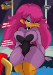  absurd_res anatid anseriform anthro avian big_breasts bird breasts cleavage clothed clothing collar duck female hi_res hot_tub inkit89 margot_mallard purple_body sitting solo spiked_collar spikes thick_thighs tiny_toon_adventures warner_brothers wide_hips 