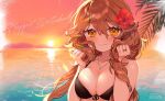  1girl bangs bikini black_bikini brown_hair flower front-tie_bikini front-tie_top hair_between_eyes hands_up hibiscus highres horizon ocean outdoors re:act red_flower sakura_yuki_(clochette) shishigami_leona solo swimsuit water 