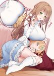  2girls :d bed blonde_hair blue_bow blue_eyes blue_skirt blush bow braid breasts brown_hair commentary_request ear_cleaning frilled_skirt frills green_eyes hair_bow half-closed_eyes holding inconvenient_breasts kneehighs lap_pillow large_breasts long_hair mimikaki multiple_girls no_shoes on_floor open_mouth original red_skirt sitting skirt smile sweat sweater thought_bubble thumb_sucking tokuno_yuika translation_request turtleneck turtleneck_sweater very_long_hair white_legwear white_sweater wooden_floor yokozuwari 