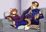  2021 4_toes 5_fingers anthro breasts brown_hair claws clothed clothing collar digital_media_(artwork) duo feet felid female fingers fur hair kittydee leopard male mammal orange_body orange_fur pantherine pawpads paws smile striped_body striped_fur stripes tiger toe_claws toes 