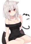  1girl absurdres animal animal_ear_fluff animal_ears bangs bare_shoulders bat black_sweater blush breasts brown_wings cat_ears cleavage closed_mouth commentary_request demon_wings eyebrows_visible_through_hair hair_between_eyes hand_up highres looking_at_viewer low_wings medium_breasts memekko off-shoulder_sweater off_shoulder original red_eyes ribbed_sweater simple_background sitting solo sweater wariza white_background white_hair wings 