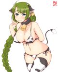  1girl alternate_costume animal_ears animal_print artist_logo bikini braid breasts cleavage commentary_request cow_ears cow_horns cow_print cow_tail cowboy_shot dated ear_tag fake_animal_ears fake_horns front-tie_top green_hair highres horns index_finger_raised kanon_(kurogane_knights) kantai_collection leaning_forward long_hair looking_at_viewer mole mole_under_mouth one-hour_drawing_challenge side-tie_bikini simple_background single_braid solo swimsuit tail thighhighs very_long_hair white_background white_bikini white_legwear yuugumo_(kancolle) 