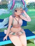 1girl aqua_eyes aqua_hair arm_support arm_tattoo bangs bare_shoulders bench blurry blurry_background blush breasts chain-link_fence cleavage closed_mouth collarbone collared_shirt commentary_request cosplay cowboy_shot crop_top eyebrows_visible_through_hair fence floating_hair green_skirt groin hair_between_eyes hair_ornament halkawa501 hand_up hatsune_miku heart heart_necklace highres long_hair medium_breasts midriff miniskirt navel number_tattoo one_eye_closed partial_commentary shirt sidelocks sitting skirt sleeveless sleeveless_shirt solo sportswear tattoo tennis_court tennis_uniform twintails two-tone_shirt two-tone_skirt very_long_hair vocaloid white_shirt white_skirt 