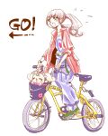  ! 1girl :o ^_^ ^o^ arrow_(symbol) baggy_pants bicycle bicycle_basket blue_pants bow brown_eyes brown_hair closed_eyes dog ear_bow english_text flying_sweatdrops forehead_jewel from_side full_body green_belt green_footwear ground_vehicle healin&#039;_good_precure healing_animal heart highres hiramitsu_hinata iedesan jacket latte_(precure) long_jacket looking_to_the_side open_clothes open_jacket open_mouth pants pink_bow precure print_shirt red_jacket riding riding_bicycle shirt shoes simple_background smile sweatdrop twintails watch white_background white_shirt wristwatch 