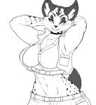  anthro bandage bedroom_eyes big_breasts breasts cleavage clothed clothing collar danonymous felid feline female fur grin hands_behind_head hi_res jacket lynx mammal midriff miyu_lynx monochrome narrowed_eyes navel nintendo seductive smile solo spiked_collar spikes spots spotted_body spotted_fur star_fox thick_thighs topwear video_games 
