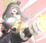  1girl blue_archive blush breasts closed_eyes commentary fingerless_gloves firing gatling_gun gloves grey_hair halo highres id_card jacket large_breasts mannouyakunta nonomi_(blue_archive) school_uniform simple_background solo weapon 