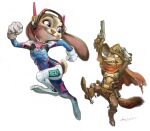  2016 anthro blizzard_entertainment canid canine clothed clothing cosplay crossover crossover_cosplay disney duo female flat_chested fox gun handgun headgear headphones headset hi_res holding_object holding_weapon jh_stonehouse judy_hopps lagomorph leporid looking_back male mammal nick_wilde overwatch rabbit ranged_weapon revolver running simple_background video_games weapon white_background zootopia 