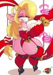  absurd_res anthro big_breasts big_butt blonde_hair bovid bovine breasts butt cattle christmas clothing dialogue female hair hi_res high_heels holidays huge_butt inkit89 legwear mammal pink_body solo thigh_highs 