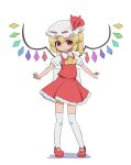  1girl absurdres ascot back_bow bangs blonde_hair blush bow closed_mouth commentary_request crystal eyebrows_visible_through_hair eyebrows_visible_through_hat flandre_scarlet flat_chest full_body hair_between_eyes hat hat_ribbon highres looking_at_viewer mary_janes mob_cap nihohohi one_side_up outstretched_arms over-kneehighs petticoat pigeon-toed pointy_ears puffy_short_sleeves puffy_sleeves red_eyes red_footwear red_ribbon red_skirt red_vest ribbon shirt shoes short_hair short_sleeves simple_background skirt skirt_set smile solo standing thighhighs touhou vest white_background white_bow white_headwear white_legwear white_shirt wing_collar wings yellow_neckwear 