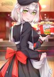  1girl apron apron_lift bangs bird blunt_bangs bow breasts bucket cabbie_hat chicken diluc_(genshin_impact) drink employee_uniform fast_food_uniform food genshin_impact green_eyes grey_hair hamburger hat kfc large_breasts lifted_by_self looking_at_viewer minxei noelle_(genshin_impact) red_bow restaurant short_hair smile solo tray uniform 