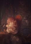  1girl brown_hair chair curtains dress final_fantasy final_fantasy_xiv hair_down highres ink_bottle lalafell moogle nanamo_ul_namo nightgown plant pointy_ears portrait portrait_(object) quill room sitting sukiri tiara tiara_removed vase 