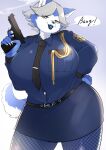  5_fingers anthro big_breasts blue_body blue_fur blue_lips bottomwear breasts canid canine canis clothed clothing curvy_figure darbo dialogue domestic_dog english_text female fingers fishnet fishnet_legwear fur grey_eyes grey_hair gun hair hand_on_hip handgun hi_res huge_breasts husky legwear lips looking_at_viewer mammal multicolored_body multicolored_fur nordic_sled_dog police_uniform portrait ranged_weapon skirt solo speech_bubble spitz standing text thick_thighs three-quarter_portrait two_tone_body two_tone_fur underchikichan uniform voluptuous weapon white_body white_fur wide_hips 
