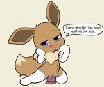  abdominal_bulge anthro armwear bodily_fluids brown_body brown_fur clothing cute_fangs dialogue dildo dildo_in_pussy dildo_penetration dildo_sitting eevee elbow_gloves english_text female fur genital_fluids genitals gloves handwear hi_res itsunknownanon kneeling legwear looking_at_viewer masturbation nintendo open_mouth open_smile penetration pok&eacute;mon pok&eacute;mon_(species) purple_dildo purple_eyes pussy pussy_juice sex_toy sex_toy_in_pussy sex_toy_penetration simple_background smile solo speech_bubble spread_legs spreading stockings talking_to_viewer tan_background text tongue vaginal vaginal_masturbation vaginal_penetration video_games white_armwear white_clothing white_elbow_gloves white_gloves white_legwear white_thigh_highs 