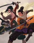  2boys armor ashina_genichirou bangs black_hair commentary_request facial_hair fighting_stance gloves hakama highres holding holding_sword holding_weapon japanese_armor japanese_clothes jiro_(ninetysix) katana looking_at_another male_focus multiple_boys ninja ponytail prosthesis prosthetic_arm scarf sekiro sekiro:_shadows_die_twice sheath shirtless short_hair sword topknot weapon 