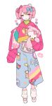  1girl alternate_costume arm_at_side blue_pants blue_ribbon closed_eyes closed_mouth coat colorful commentary facing_viewer fanny_pack flat_chest full_body hair_between_eyes hair_ornament hair_ribbon hairclip happy heart heart_print hello_kitty hello_kitty_(character) holding holding_stuffed_toy hood hood_down hoodie kaname_madoka legs_together loose_socks mahou_shoujo_madoka_magica no_nose open_clothes open_coat pants pink_coat pink_hair pink_hoodie pink_ribbon ribbon shoes simple_background sleeves_past_fingers sleeves_past_wrists smile socks solo striped striped_pants stuffed_animal stuffed_pig stuffed_toy symbol_commentary turtleneck twintails u_emper white_background white_footwear white_legwear white_ribbon x_hair_ornament 