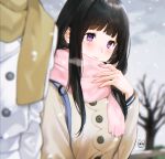  1girl 1other alternate_costume artist_logo backpack bag bangs bare_tree beige_scarf black_hair blunt_bangs blurry blurry_background blurry_foreground blush brown_scarf chitanda_eru closed_mouth depth_of_field hand_up highres hyouka long_hair long_sleeves mery_(yangmalgage) purple_eyes scarf school_uniform serafuku solo_focus tree upper_body winter_clothes 