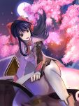  1girl black_hair bow breasts brown_eyes cherry_blossoms fingerless_gloves gloves hair_bow highres katana long_hair looking_at_viewer meke_(77842928) ponytail red_bow sakura_taisen shinguuji_sakura smile solo sword uniform weapon 