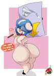  absurd_res anthro big_breasts big_butt blue_hair breasts butt dialogue domestic_pig female hair hand_on_hip hershey&#039;s_kisses hi_res huge_butt inkit89 mammal nipples nude solo suid suina sus_(pig) thick_thighs wide_hips 