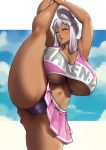  1girl akaza_chacha arms_up black_panties breasts cheerleader cleavage commentary highres huge_breasts leg_lift long_hair looking_at_viewer maken-ki! midriff navel open_mouth packge panties school_uniform silver_eyes silver_hair skirt solo thick_thighs thighs underboob underwear 