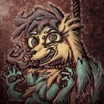  alien anthro bad_idea canid canine canis claws creepy_smile deidad_dissitum domestic_dog female fur hanging_(disambiguation) leyki looking_at_viewer mammal ok_hand_sign orange_body orange_fur rope sadism smile smiling_at_viewer solo teeth teeth_showing what yellow_teeth 