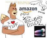  &lt;3 amazon_(company) anthro bad_dragon bedroom_eyes cinimin_(artist) clothing crossed_arms dildo dipstick_tail hi_res humanoid humor jeff_bezos logo male meme multicolored_tail narrowed_eyes photo seductive sex_toy shirt shitpost simple_background solo t-shirt text topwear white_background 