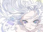  1girl bare_shoulders close-up collarbone commentary_request floating_hair goma_irasuto hair_behind_ear highres looking_at_viewer original parted_lips purple_eyes signature upper_body white_hair white_theme 