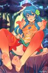  1girl alternate_costume arm_support barefoot blue_eyes blue_hair blurry blurry_background blush breasts detached_collar dress eirika_(fire_emblem) english_commentary eyebrows_visible_through_hair feet fire_emblem fire_emblem:_the_sacred_stones flower foot_focus foreshortening forest gradient gradient_legwear green_skirt hair_flower hair_ornament highres leaning_back legs long_hair looking_at_viewer medium_breasts nature open_mouth panties red_panties sidelocks signature sitting skirt skirt_lift soles solo squeezable_(artist) stirrup_legwear thighhighs toeless_legwear toes tree_stump underwear 