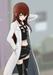  1girl absurdres alternate_costume bangs black_legwear black_skirt blue_eyes blurry blurry_background blush brown_hair collarbone crop_top embarrassed grey_background hair_between_eyes hand_in_pocket highres labcoat long_hair makise_kurisu midriff miniskirt navel open_mouth pleated_skirt shiny shiny_hair skirt solo standing steins;gate stomach straight_hair tayutau0a0 thighhighs very_long_hair zettai_ryouiki 