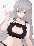  1girl alternate_costume arknights asususususu black_bra black_panties bra breasts cat_cutout cat_lingerie cleavage cleavage_cutout clothing_cutout collarbone commentary_request frilled_bra frills highres jewelry long_hair meme_attire navel panties red_eyes red_nails silver_hair skadi_(arknights) solo stomach underwear very_long_hair white_background 