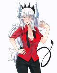  1girl absurdres black_legwear blush breasts cleavage crown demon_tail fanning_face fanning_self hand_on_hip helltaker highres horns long_hair looking_to_the_side loose_necktie lucifer_(helltaker) necktie red_eyes red_shirt shirt sleeves_rolled_up solo sweat tail untold white_background white_hair 