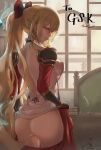  1girl ass backless_outfit blonde_hair bon_mushi book book_stack breasts chair commentary_request desk granblue_fantasy highres indoors long_hair looking_at_viewer looking_back no_panties red_eyes red_skirt red_sleeves shirt sideboob skirt solo undressing very_long_hair vira_lilie white_shirt window 