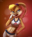  anthro basketball_uniform bedroom_eyes candy clothing dessert english_text female food hi_res lagomorph leporid licking lola_bunny lollipop looking_at_viewer looney_tunes mammal midriff narrowed_eyes nietzab rabbit seductive shirt solo space_jam sportswear tank_top text text_on_clothing text_on_shirt text_on_tank_top text_on_topwear tongue tongue_out topwear uniform warner_brothers 