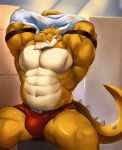  2017 abs anthro armband barazoku biceps bulge clothing dragon hi_res horn kusunagi male muscular muscular_anthro muscular_male open_mouth pecs quads removing_shirt scales scalie sharp_teeth shirt solo spiked_tail spikes spikes_(anatomy) teeth topwear triceps underwear undressing yellow_body yellow_eyes yellow_scales 
