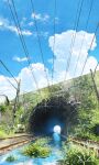  blue_sky cable cloud cloudy_sky commentary_request day grass hachiya_shohei highres no_humans original outdoors power_lines railroad_tracks reflection scenery signature sky tunnel water 