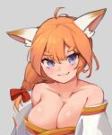  1girl absurdres animal_ears bare_shoulders blue_eyes blush bow breasts cleavage collarbone eight-tailed_fox_nari eyebrows_visible_through_hair fox_ears fox_girl grey_background guardian_tales hair_bow highres large_breasts looking_at_viewer orange_hair red_bow red_ribbon ribbon sliverdog smile solo thick_eyebrows upper_body 