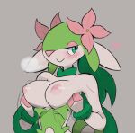  &lt;3 anonymous_artist anthro big_breasts blush breast_squish breasts breath cervid clothing elemental_creature fak&eacute;mon faunazon female fingers floppy_ears flora_fauna flower fur green_body green_eyes green_fur hi_res hooved_fingers hooves hybrid looking_aside mammal nintendo nipples pink_nose pivoted_ears plant pok&eacute;mon simple_background smile solo squish undressing video_games white_body 