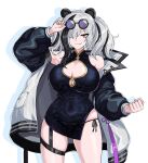  1girl arknights breasts china_dress chinese_clothes cleavage cleavage_cutout clothing_cutout commentary cropped dress eyewear_on_head fang feater_(arknights) grey_hair hair_over_one_eye hella_p large_breasts multicolored_hair panda panda_girl panties red_eyes round_eyewear side-tie_panties skindentation solo streaked_hair sunglasses two-tone_coat two-tone_jacket underwear white_background 