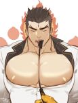  1boy aizen_(tokyo_houkago_summoners) bara bare_pecs between_pecs black_hair blush bursting_pecs covered_nipples facial_mark fire forehead_mark formal gomtang in_mouth jacket large_pectorals licking long_sideburns male_focus mature_male muscular muscular_male nipple_slip nipples open_clothes open_jacket open_mouth pectorals pov saliva saliva_trail sexually_suggestive short_hair sideburns solo_focus suit sweatdrop tokyo_houkago_summoners upper_body white_suit 