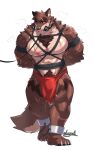  anthro arm_scar bdsm bit_gag bodily_fluids body_hair bondage bottomwear bound brown_body brown_eyes brown_fur canid canine canis chest_hair clothed clothing eye_scar facial_scar fur gag gagged hands_behind_back hi_res kamyuelo leg_scar loincloth male mammal muscular muscular_anthro muscular_male nipples pecs red_bottomwear red_clothing rope rope_bondage rope_harness scar shackles simple_background solo sweat teeth topless white_background wolf 