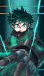  1boy black_gloves bodysuit boku_no_hero_academia bright_pupils commentary_request freckles gloves green_background green_bodysuit green_eyes green_gloves green_hair highres long_sleeves male_focus midoriya_izuku outstretched_hand solo spiked_hair two-tone_gloves yomoyama_yotabanashi 