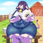  anthro barn big_breasts blush bodily_fluids bovid bovine breasts bucket cattle cowbell female hi_res holding_breast huge_breasts lactating mammal myriadmood outside overweight overweight_anthro overweight_female purple_body sitting slightly_chubby thick_thighs 