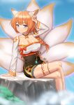  1girl absurdres animal_ears blue_eyes breasts collar eight-tailed_fox_nari fox_ears fox_girl fox_tail full_body guardian_tales hand_up highres leaping_(fle8410) looking_at_viewer multiple_tails orange_hair pose ribbon solo tail 
