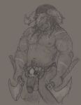  anthro axe balls beastmen belt bone clothed clothing dual_wielding facial_scar fangs flaccid fur genitals gor_(beastmen) hair hi_res holding_object holding_weapon horn horn_ring humanoid_genitalia humanoid_penis izrez jewelry male melee_weapon muscular muscular_male navel necklace nipples partially_clothed penis pubes scar skull solo standing urethra vein veiny_penis warhammer_(franchise) warhammer_fantasy weapon 