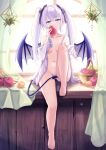  1girl apple banana bangs barefoot basket black_ribbon blue_eyes breasts commentary_request demon_girl demon_tail demon_wings eating enokitake food fruit fruit_basket grapes hair_ribbon hand_up indoors leg_up light_purple_hair long_hair looking_at_viewer naked_shirt off_shoulder open_clothes open_shirt orange_(food) original peach ribbon shirt sitting small_breasts solo tail tail_censor twintails white_shirt window wings 